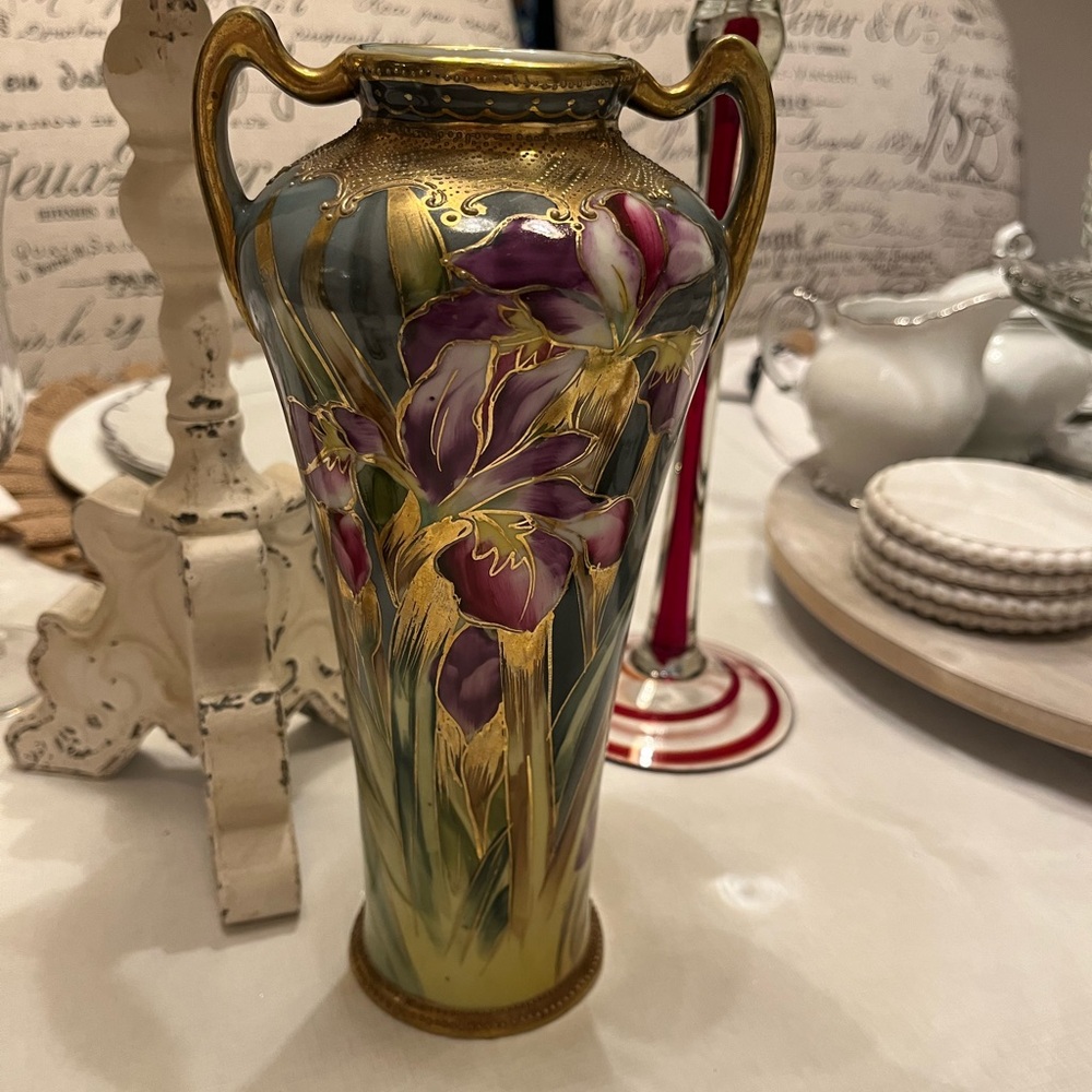 Vintage Antique Hand Painted Japanese Iris Urn Vase